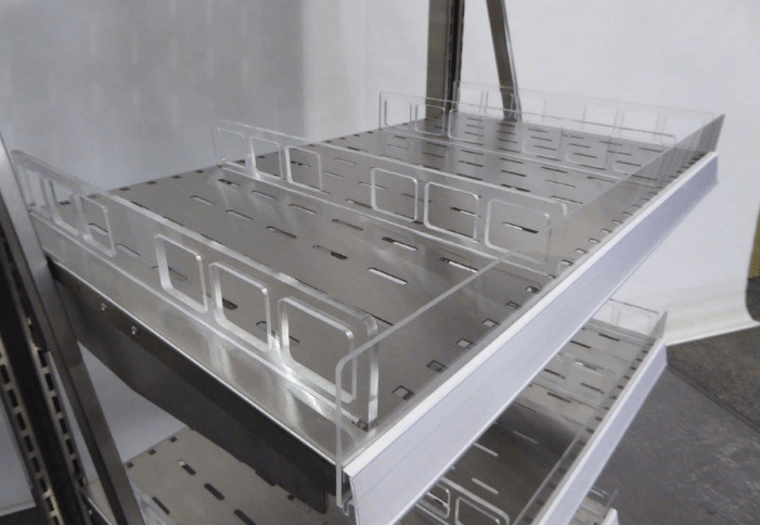 closeup of stainless steel shelving